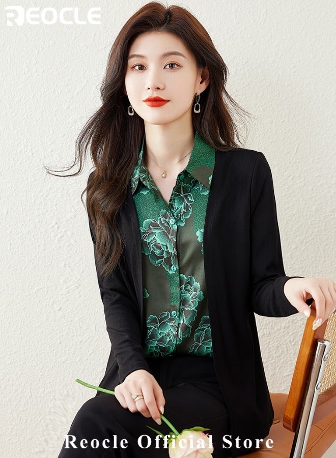 REOCLE Women's Fake Two-Piece Shirt Spliced Long Sleeved Top Autumn Warm Shirt Fashionable Turned Collar Button Top Flower Printed Shirt for Commuting & Business & Daily Wear - Image 3