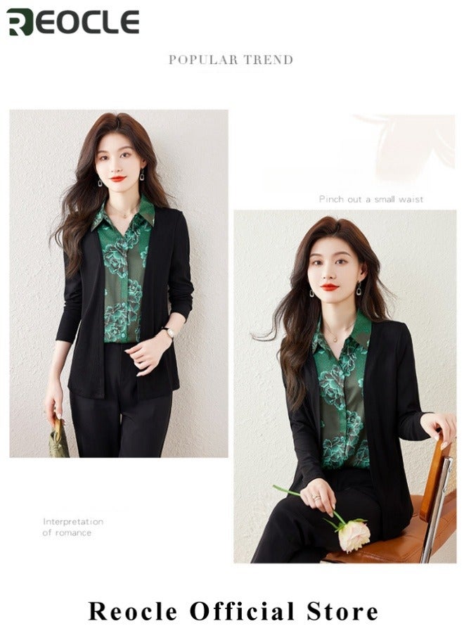 REOCLE Women's Fake Two-Piece Shirt Spliced Long Sleeved Top Autumn Warm Shirt Fashionable Turned Collar Button Top Flower Printed Shirt for Commuting & Business & Daily Wear - Image 5