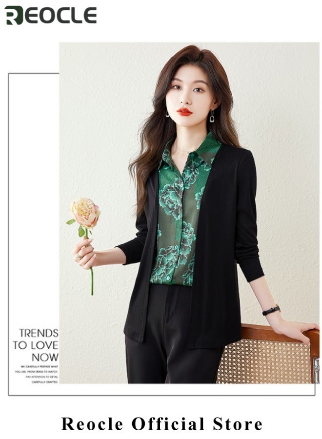 REOCLE Women's Fake Two-Piece Shirt Spliced Long Sleeved Top Autumn Warm Shirt Fashionable Turned Collar Button Top Flower Printed Shirt for Commuting & Business & Daily Wear - Image 4