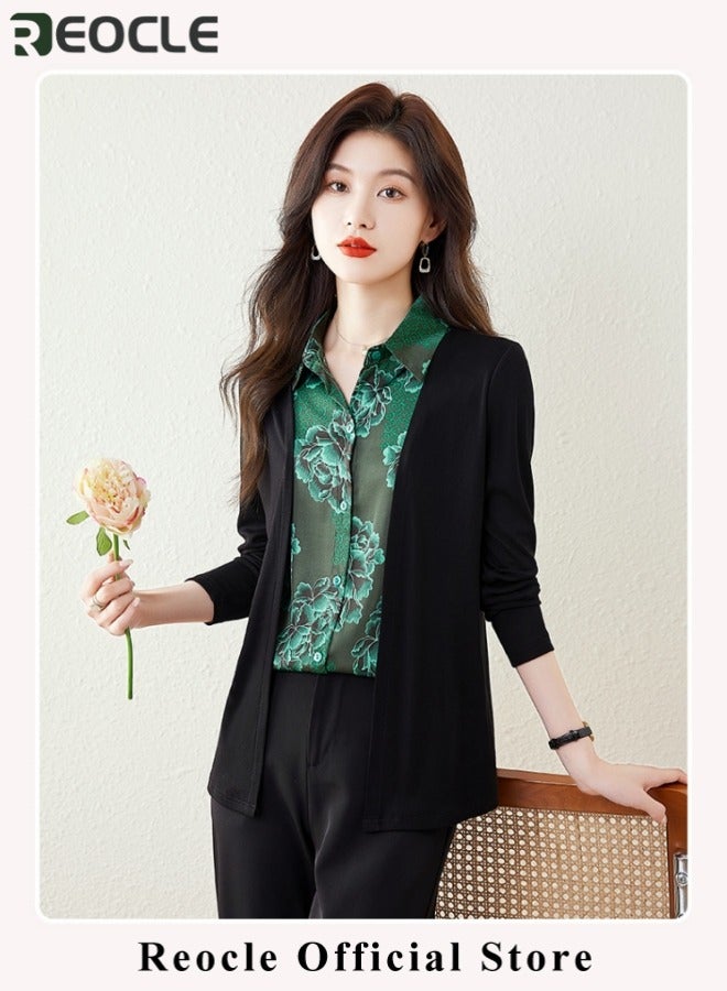 REOCLE Women's Fake Two-Piece Shirt Spliced Long Sleeved Top Autumn Warm Shirt Fashionable Turned Collar Button Top Flower Printed Shirt for Commuting & Business & Daily Wear - Image 2