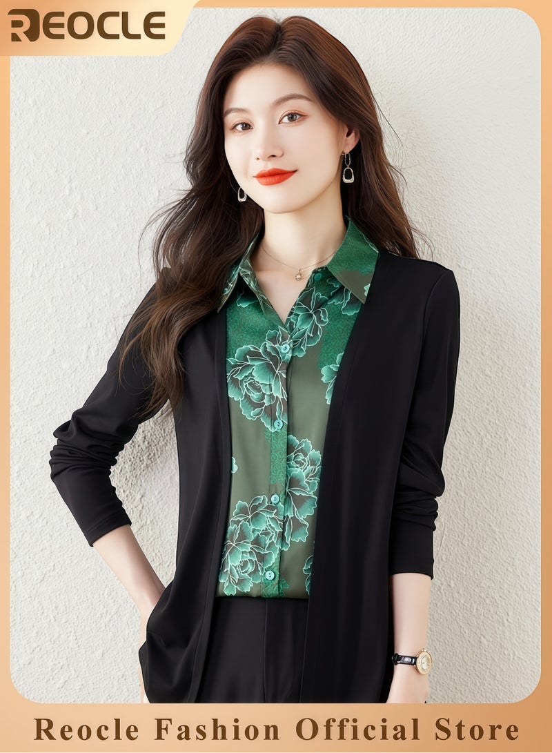 REOCLE Women's Fake Two-Piece Shirt Spliced Long Sleeved Top Autumn Warm Shirt Fashionable Turned Collar Button Top Flower Printed Shirt for Commuting & Business & Daily Wear - Image 1