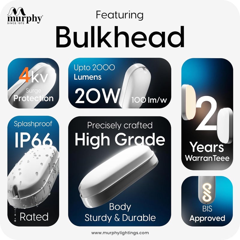 Murphy 20W Wall Lamp LED Oval Shape Outdoor Bulkhead Waterproof IP54 Waterproof Porch Light for Outdoor Garden Bathroom Light (Warm White, Pack of 1) - Image 3
