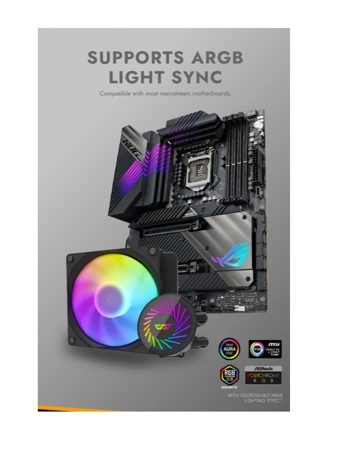 مبرد وحدة المعالجة المركزية السائل darkFlash DCS120 ARGB، مراوح 120*1 ARGB PWM تدعم أحدث مقابس LGA 1700,1200,115X، AM5/AM4/AM3، سرعة 800 ~ 2000 دورة في الدقيقة، مبرد سائل منخفض الضوضاء - Image 3