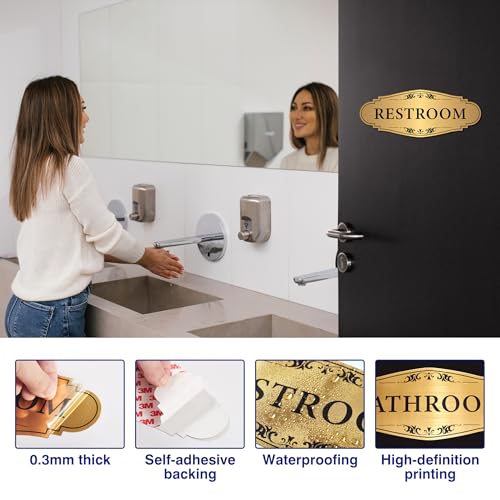 LUHIMO Restroom Sign Sticker for Business & Home, Self-Adhesive Brushed Gold Elegant Bathroom Signs for Door, Durable & Waterproof Unisex Restroom Signage for House toilet, Office, Store, Shop - Image 3