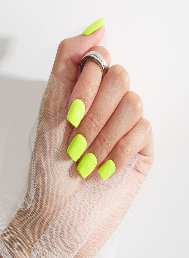 KQueenest Neon Green Press On Nails Short - Summer Press On Nails Square, Sheer Bright Vibrant Lime Short Fake Nails with Glue, Glossy Reusable Soft Gel Glue on Nails for Women, 24 Pcs - Image 2