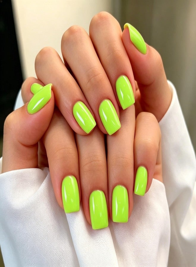 KQueenest Neon Green Press On Nails Short - Summer Press On Nails Square, Sheer Bright Vibrant Lime Short Fake Nails with Glue, Glossy Reusable Soft Gel Glue on Nails for Women, 24 Pcs - Image 1