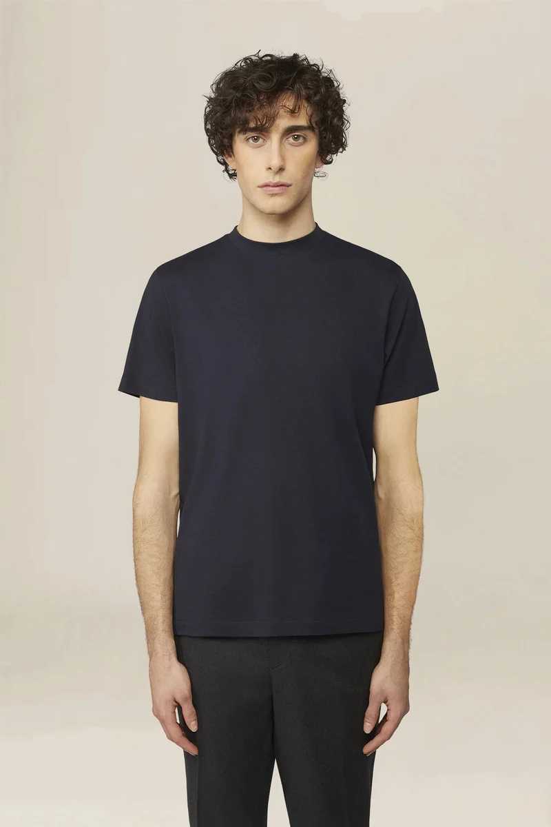 Men's T-shirt in 100% cotton jersey with slightly high neck - Dk Blue
