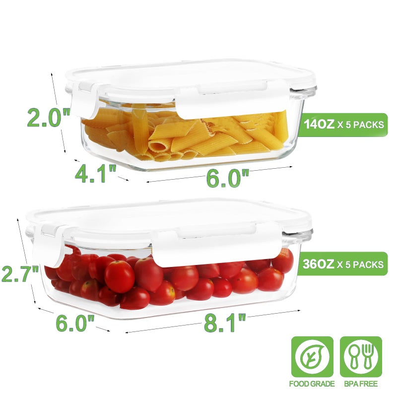 HOMBERKING 10 Pack Borosilicate Glass Meal Prep Containers with Locking Lids, Glass Food Storage Containers Set, Airtight Lunch Bento Boxes, BPA-Free & Leak Proof, 36oz & 14oz, Freezer, Oven Safe-White - Image 2