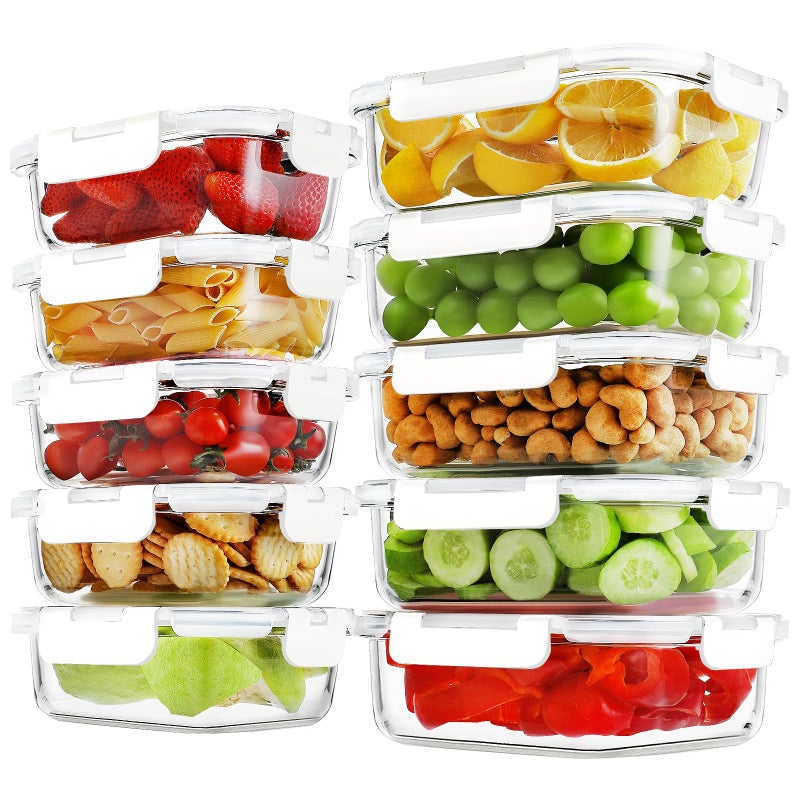 HOMBERKING 10 Pack Borosilicate Glass Meal Prep Containers with Locking Lids, Glass Food Storage Containers Set, Airtight Lunch Bento Boxes, BPA-Free & Leak Proof, 36oz & 14oz, Freezer, Oven Safe-White - Image 1