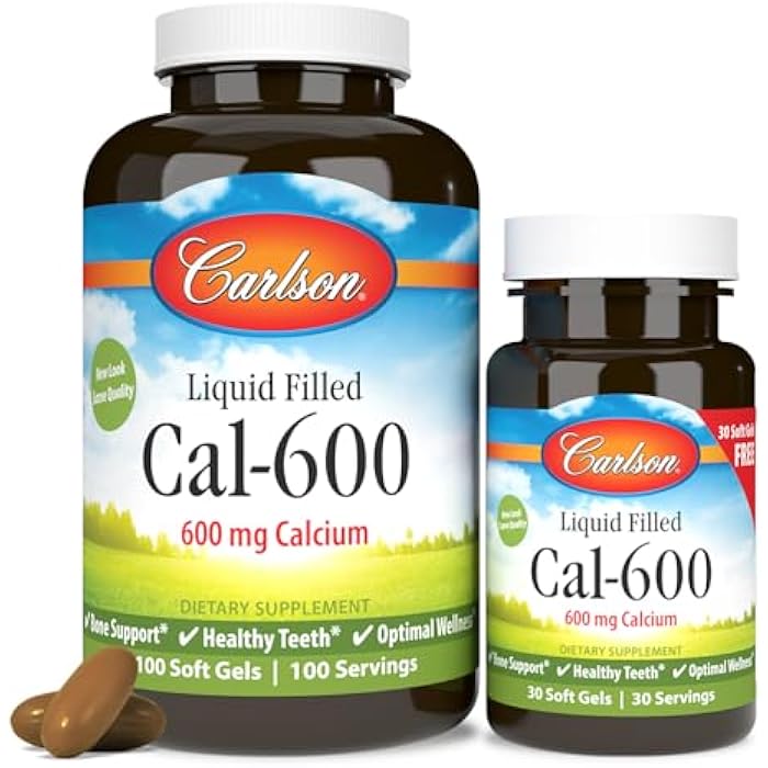 Carlson - Cal-600, 600 mg Calcium, Bone Support, Healthy Teeth & Optimal Wellness, 100+30 Softgels - Image 1