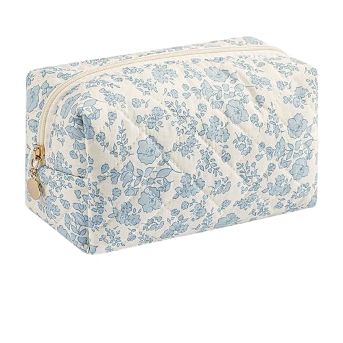 WHHJM Cute Floral Makeup Bag Small Cotton Quilted Cosmetic Bag Aesthetic Essential Bag Emergency Bag Gift for Women Girls Travel Accessories Blue Floral - Image 1