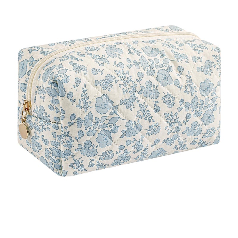 WHHJM Cute Floral Makeup Bag Small Cotton Quilted Cosmetic Bag Aesthetic Essential Bag Emergency Bag Gift for Women Girls Travel Accessories Blue Floral - Image 2