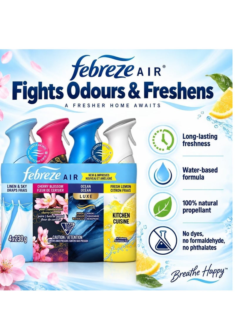Febreze Air Freshener Spray, 4 Pack Variety Set, 230g Each, Linen & Sky, Cherry Blossom, Ocean Luxe, Fresh Lemon Kitchen, Odor-Fighting Air Freshener for Home, Bathroom & Office - Image 4