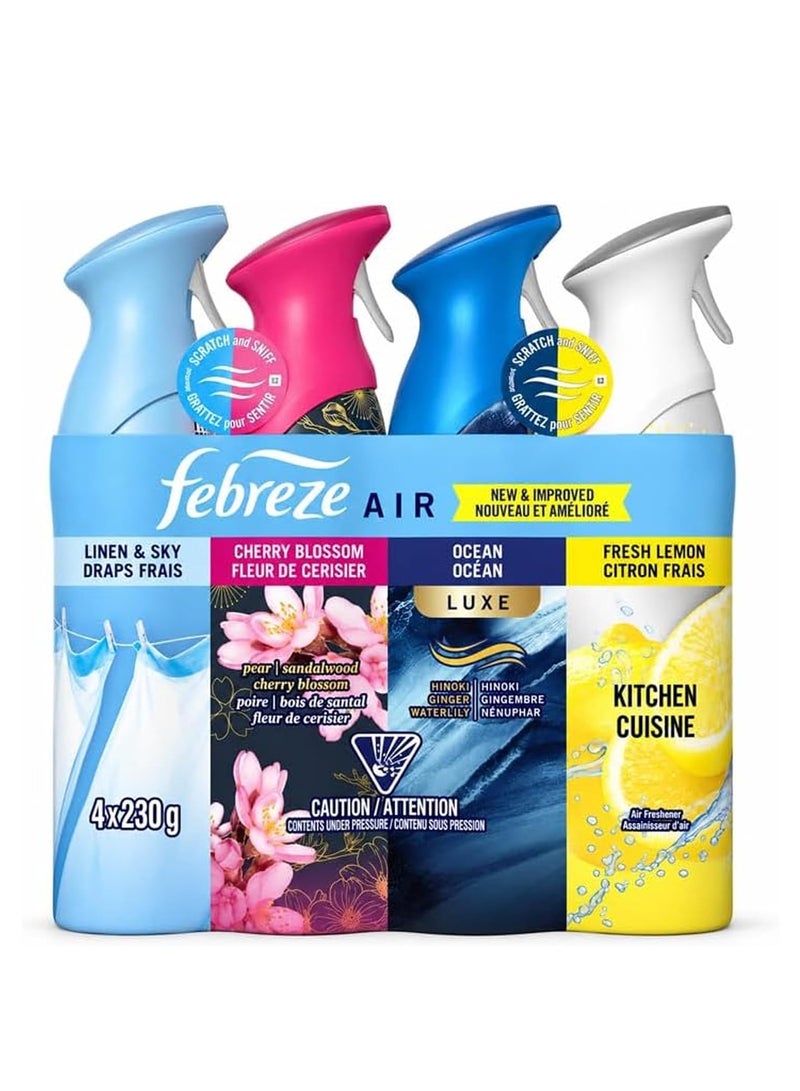 Febreze Air Freshener Spray, 4 Pack Variety Set, 230g Each, Linen & Sky, Cherry Blossom, Ocean Luxe, Fresh Lemon Kitchen, Odor-Fighting Air Freshener for Home, Bathroom & Office - Image 1