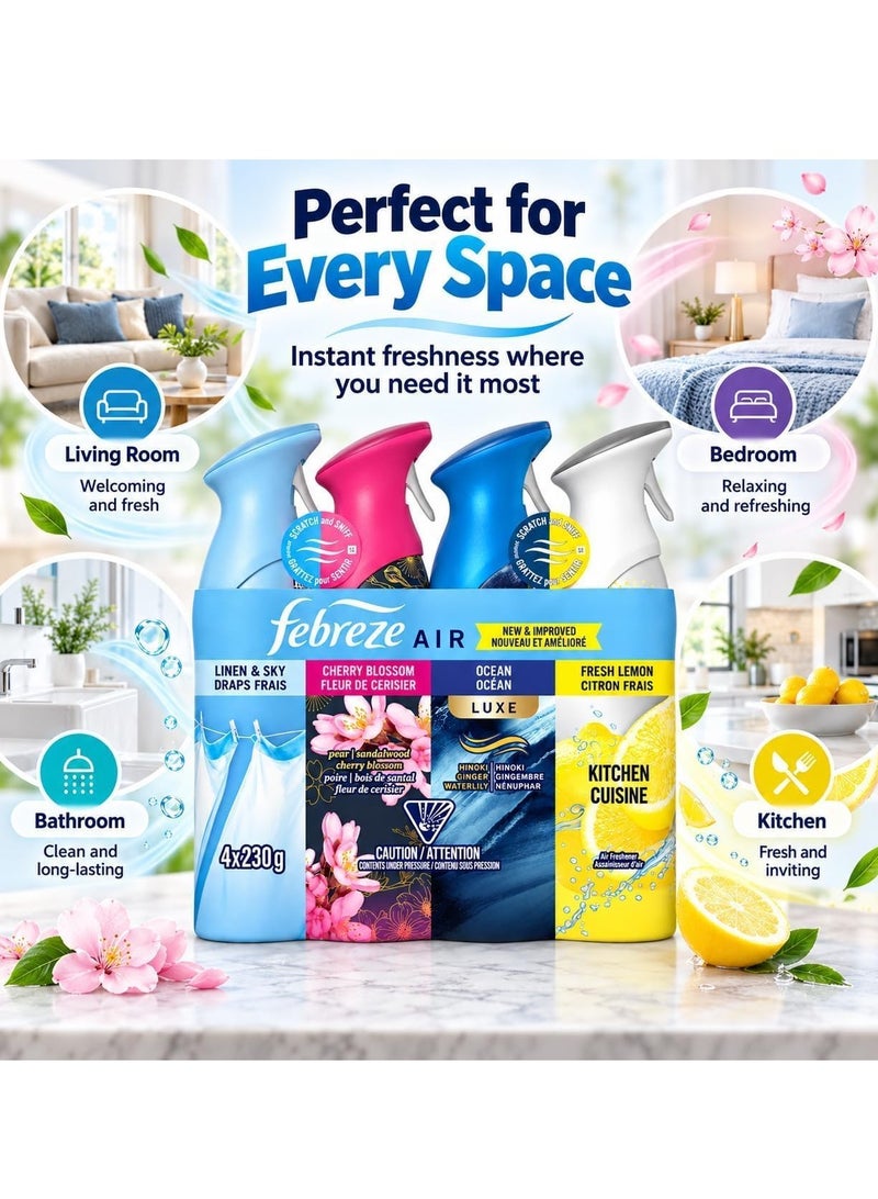 Febreze Air Freshener Spray, 4 Pack Variety Set, 230g Each, Linen & Sky, Cherry Blossom, Ocean Luxe, Fresh Lemon Kitchen, Odor-Fighting Air Freshener for Home, Bathroom & Office - Image 5
