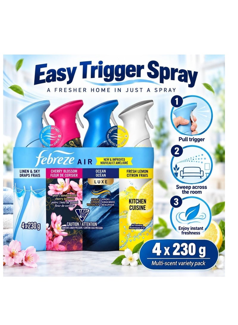 Febreze Air Freshener Spray, 4 Pack Variety Set, 230g Each, Linen & Sky, Cherry Blossom, Ocean Luxe, Fresh Lemon Kitchen, Odor-Fighting Air Freshener for Home, Bathroom & Office - Image 2