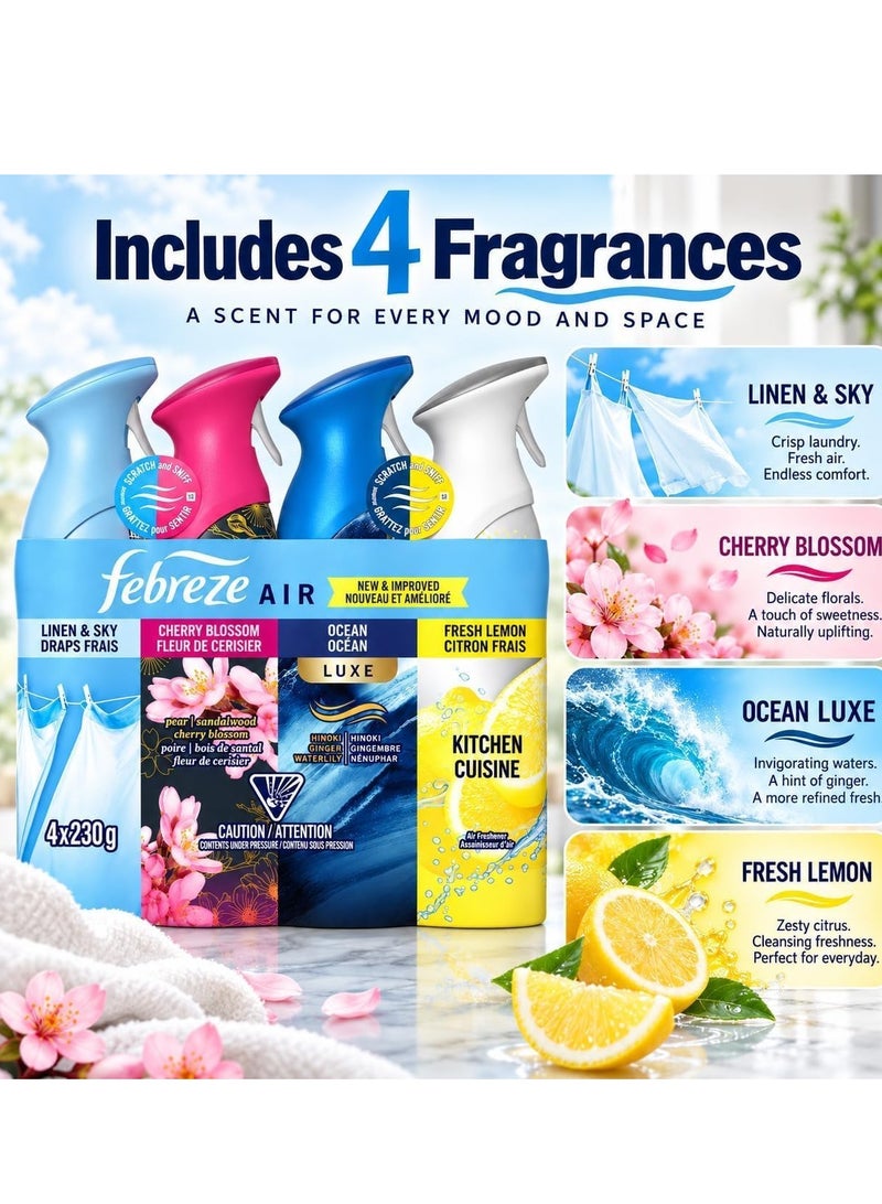 Febreze Air Freshener Spray, 4 Pack Variety Set, 230g Each, Linen & Sky, Cherry Blossom, Ocean Luxe, Fresh Lemon Kitchen, Odor-Fighting Air Freshener for Home, Bathroom & Office - Image 3
