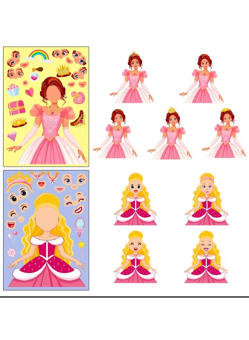 6pcs Cartoon Princess Face Changing Toy Jigsaw Stickers for Helmet Bicycle Notebook Pencil Case Decal Making Face Stickers, Princess Theme Sticker Book Kids Crafts, DIY Party Supplies Gifts Make Your Own Stickers, Mix and Match Different Design Characters as Birthday Gift Rewards  - Image 3