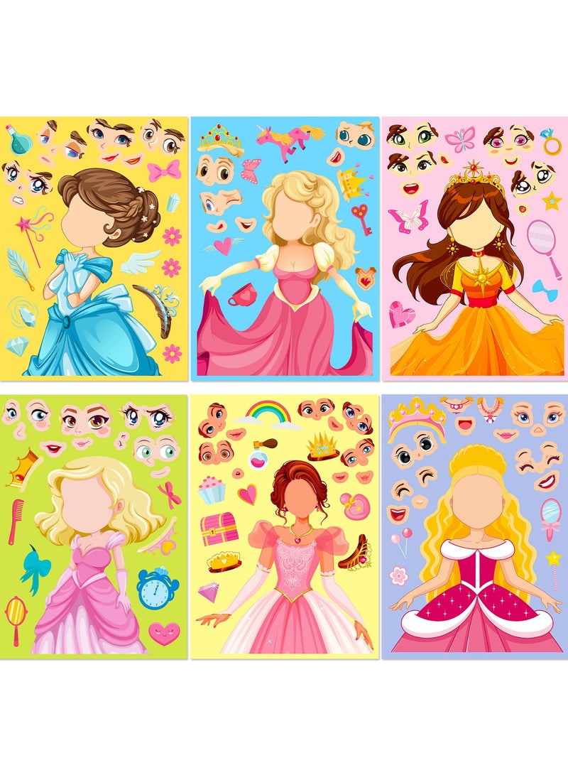 6pcs Cartoon Princess Face Changing Toy Jigsaw Stickers for Helmet Bicycle Notebook Pencil Case Decal Making Face Stickers, Princess Theme Sticker Book Kids Crafts, DIY Party Supplies Gifts Make Your Own Stickers, Mix and Match Different Design Characters as Birthday Gift Rewards  - Image 1