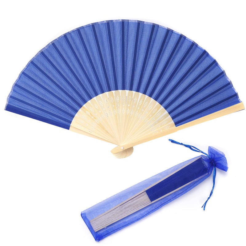 SL crafts 24pcs Imitated Silk Hand Fan Imitated Silk Fabric Bamboo Handheld Folded Fan Bridal Dancing Props Church Wedding Party Favors with Organza Bags Royal Blue