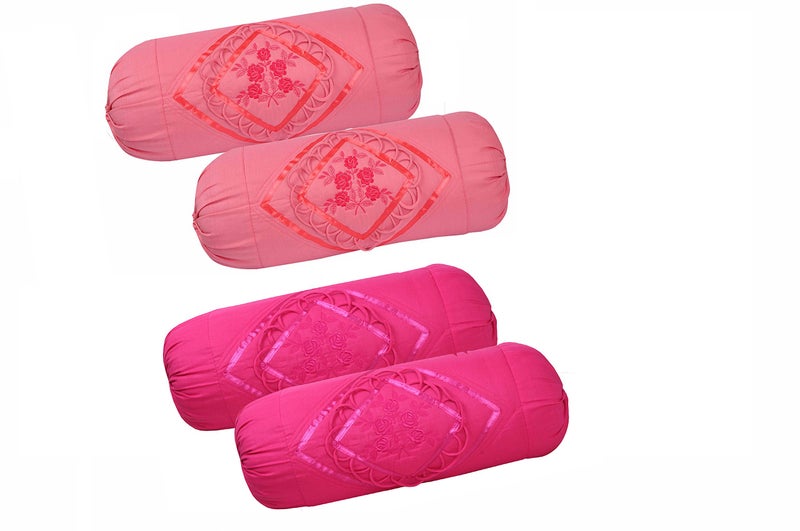Rj Products Embroided Cotton Bolster Covers Set of 4 piece by Rj Products Gajri and Dark Pink Colour - Image 1