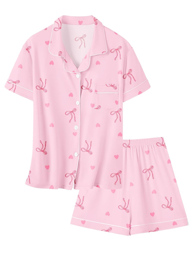 Umeyda Girls & Women Pajamas Set Soft Short Sleeve Sleepwear Button-Down Pjs Set Family Pajamas Nightwear Loungewear, Heart Bow Pink, 11-12 years - Image 1