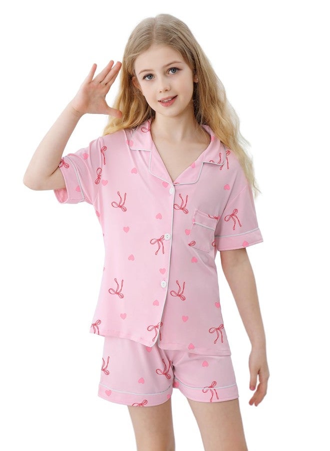 Umeyda Girls & Women Pajamas Set Soft Short Sleeve Sleepwear Button-Down Pjs Set Family Pajamas Nightwear Loungewear, Heart Bow Pink, 11-12 years - Image 2