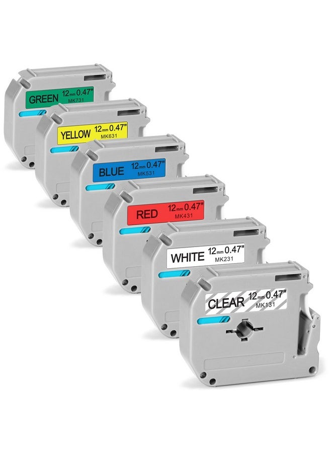 Anycolor - 6Pack Compatible With Brother P Touch M Tape M231 Mk231 Mk131 431 531 631 731 Label Tape 12Mm 0.47 Inch Work For Brother Ptm95 Pt70Bm Pt90 Pt65 Pt45 Label Maker Refills - Image 1