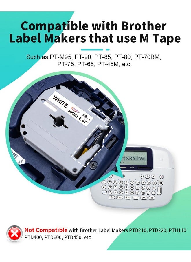 Anycolor - 6Pack Compatible With Brother P Touch M Tape M231 Mk231 Mk131 431 531 631 731 Label Tape 12Mm 0.47 Inch Work For Brother Ptm95 Pt70Bm Pt90 Pt65 Pt45 Label Maker Refills - Image 1
