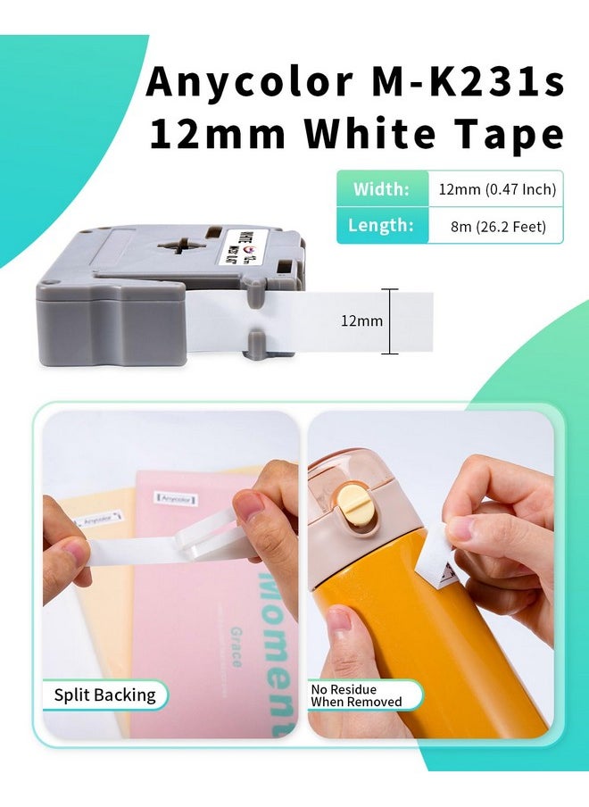 Anycolor - 6Pack Compatible With Brother P Touch M Tape M231 Mk231 Mk131 431 531 631 731 Label Tape 12Mm 0.47 Inch Work For Brother Ptm95 Pt70Bm Pt90 Pt65 Pt45 Label Maker Refills - Image 1