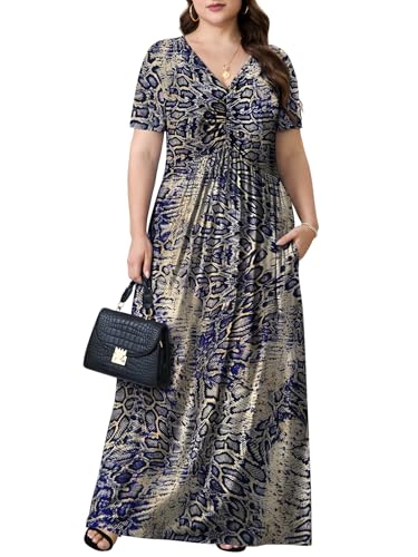 PEVRL Plus Size Maxi Dresses for Women Summer Casual Short Sleeve Long Dress with Pockets Blue Snake Skin 3X - Image 2
