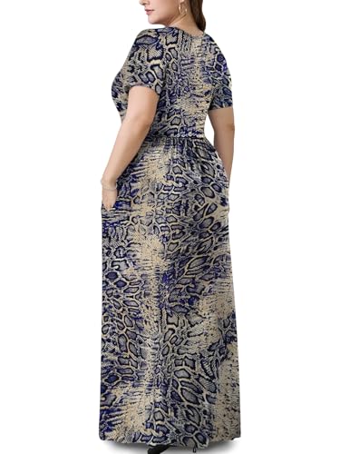 PEVRL Plus Size Maxi Dresses for Women Summer Casual Short Sleeve Long Dress with Pockets Blue Snake Skin 3X - Image 3