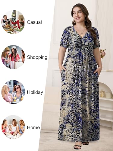 PEVRL Plus Size Maxi Dresses for Women Summer Casual Short Sleeve Long Dress with Pockets Blue Snake Skin 3X - Image 4