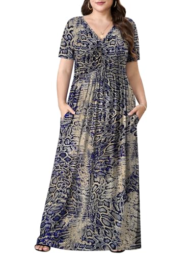 PEVRL Plus Size Maxi Dresses for Women Summer Casual Short Sleeve Long Dress with Pockets Blue Snake Skin 3X - Image 1