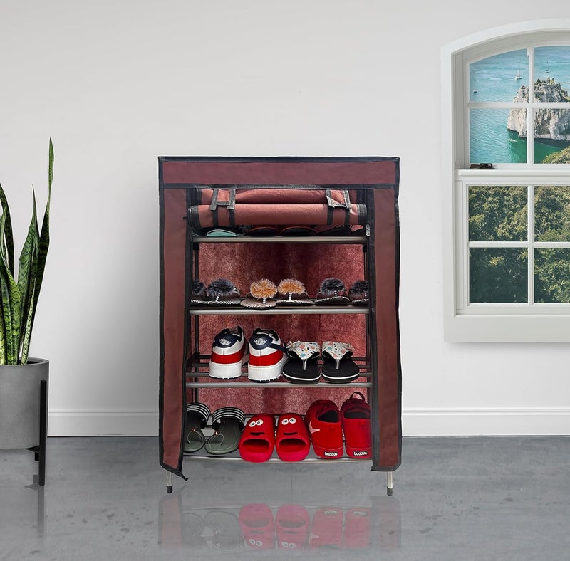 PHILOSHOP PHILOSHOP 4 Tier Shoe Rack with Dustproof Cover Shoe Shelf Storage OrganizerBrown Metal - Image 1