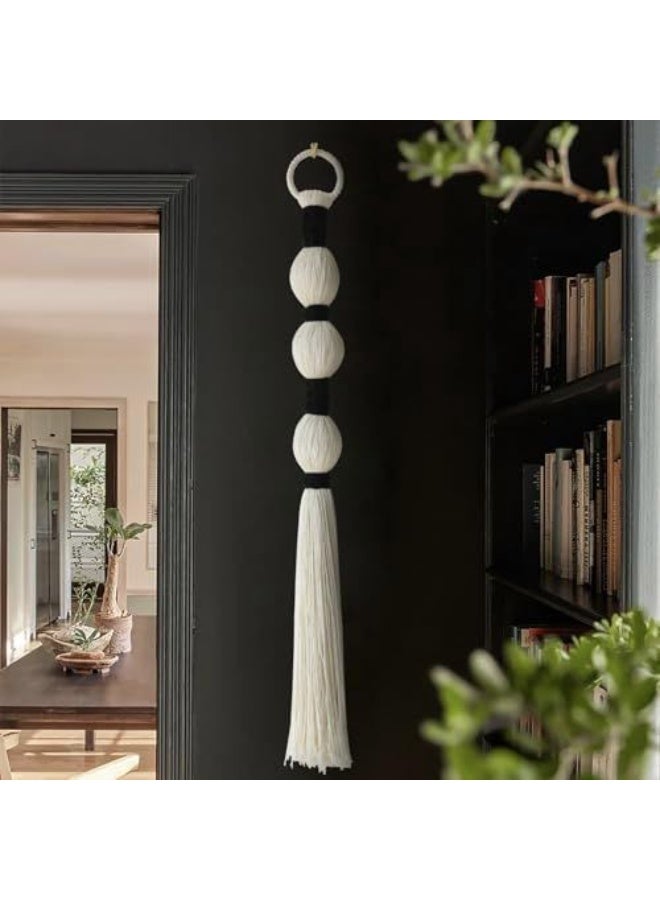 HMK CRAFTS Long Handcrafted Macrame Wall Hanging with Spherical Yarn Gradients and Tassel Fringe - Modern Minimalist Black & White Fiber Art - Image 2