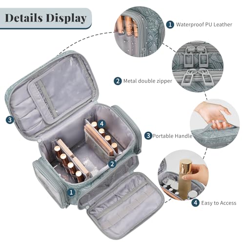 Bagmoly Large Makeup Bag Portable Travel Makeup Bag Organizer for Women Girls with Makeup Brush Compartment Two Side Pockets Cosmetic Travel Bag Vertical Storage Toiletry Floral Blue - Image 3