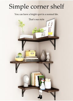 DUNISO 3 Pieces of Wall mounted floating shelves,wooden storage racks, corner hanging display racks，with metal brackets, suitable for bedrooms, living rooms, bathrooms, kitchens, and offices  - Image 3