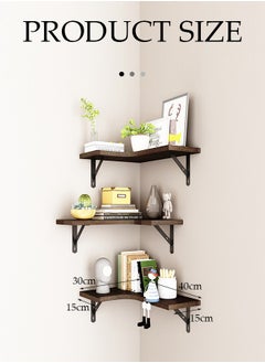 DUNISO 3 Pieces of Wall mounted floating shelves,wooden storage racks, corner hanging display racks，with metal brackets, suitable for bedrooms, living rooms, bathrooms, kitchens, and offices  - Image 2