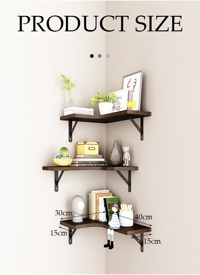 DUNISO 3 Pieces of Wall mounted floating shelves,wooden storage racks, corner hanging display racks，with metal brackets, suitable for bedrooms, living rooms, bathrooms, kitchens, and offices  - Image 2