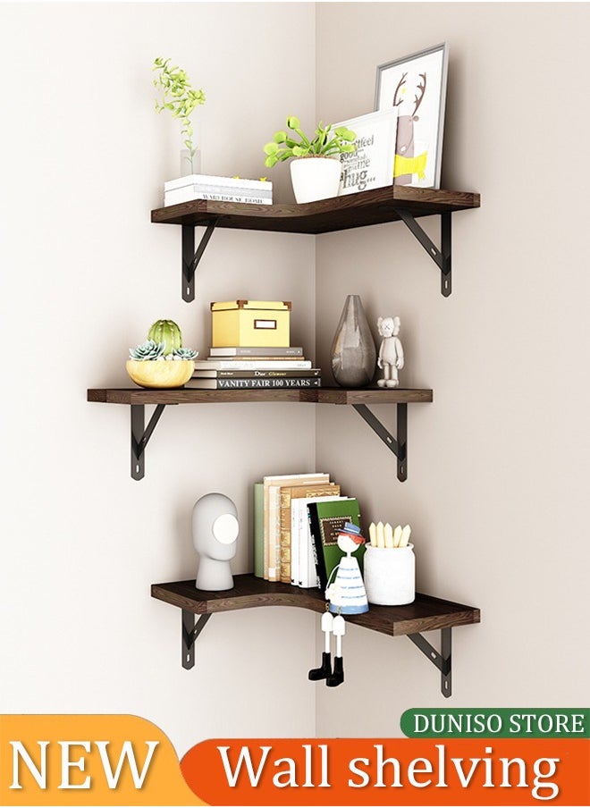 DUNISO 3 Pieces of Wall mounted floating shelves,wooden storage racks, corner hanging display racks，with metal brackets, suitable for bedrooms, living rooms, bathrooms, kitchens, and offices  - Image 1