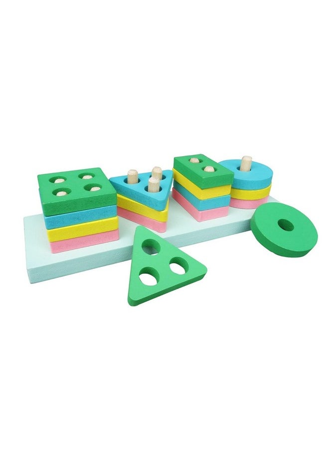 Darkness - DARKNESS Wooden Shapes Geometric Board Blocks Sorting and Stacking, Montessori Education Colour Recognition Toys for Kids - 4 Columns with 16 Pieces (Multicolour) - Image 1