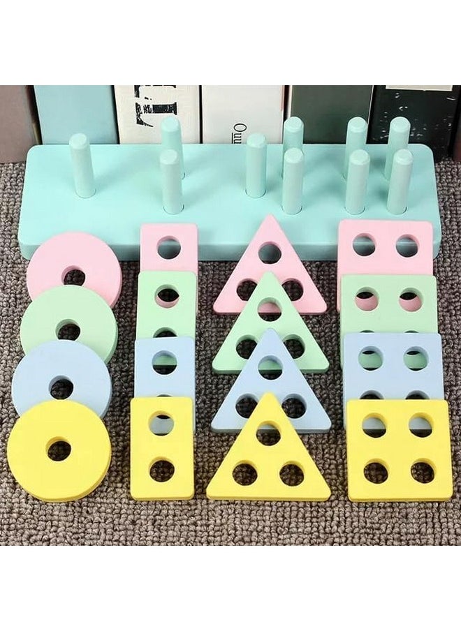 Darkness - DARKNESS Wooden Shapes Geometric Board Blocks Sorting and Stacking, Montessori Education Colour Recognition Toys for Kids - 4 Columns with 16 Pieces (Multicolour) - Image 1