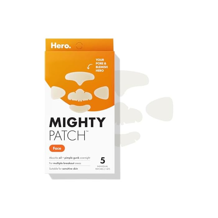Mighty Patch Hero Cosmetics Face Patch - XL Hydrocolloid Face Mask for Acne, 5 Large Pimple Patches for Zit Breakouts on Nose, Chin, Forehead & Cheeks (1 Count)
