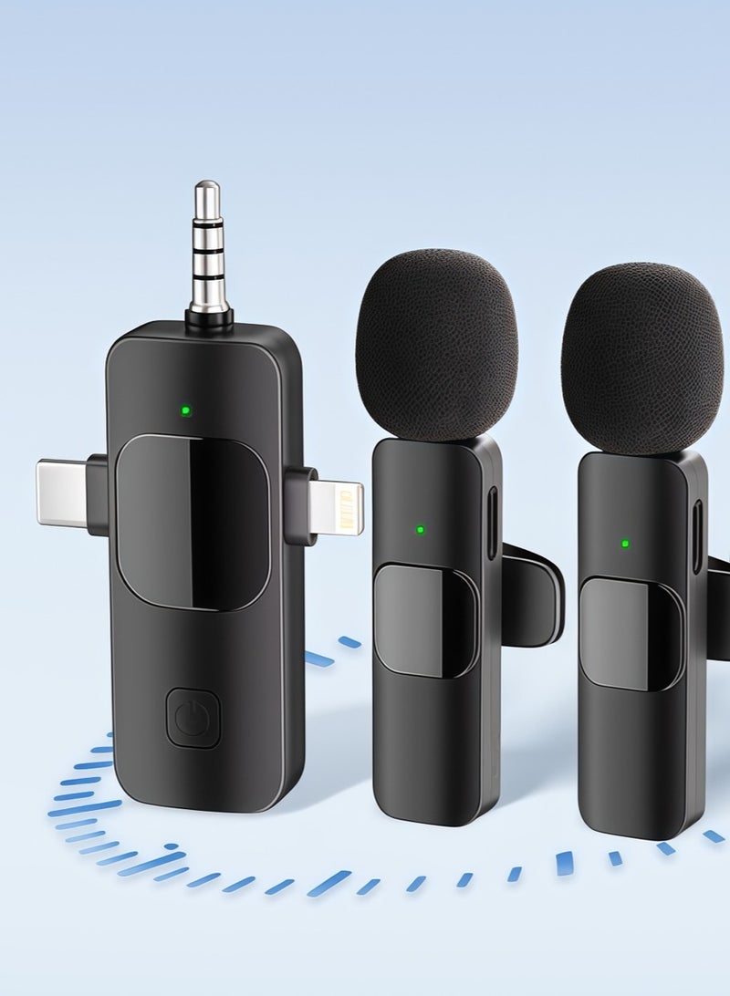 3-in-1 Wireless Lavalier Microphone - Plug and play wireless microphone with 2 mics, compatible with a wide range of devices for Video Recording - Interviews - Vlogs - Auto Sync and Noise Cancellation - 2.4 GHZ - Image 1