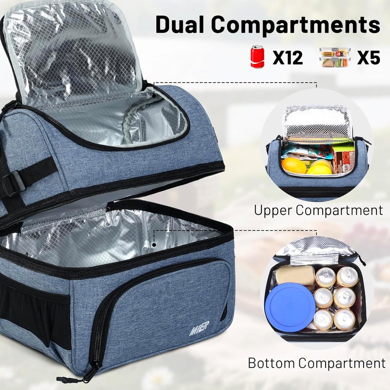MIER Dual Compartment Lunch Bag Tote with Shoulder Strap for Men and Women Insulated Leakproof Cooler Bag, Bluesteel - Image 2