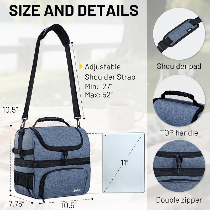 MIER Dual Compartment Lunch Bag Tote with Shoulder Strap for Men and Women Insulated Leakproof Cooler Bag, Bluesteel - Image 4
