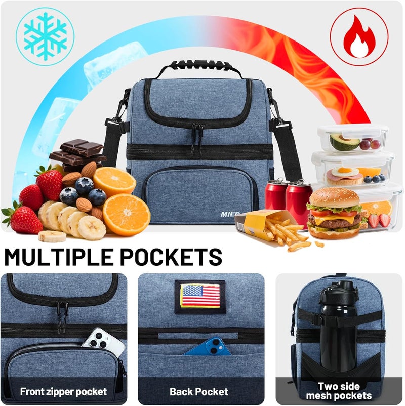 MIER Dual Compartment Lunch Bag Tote with Shoulder Strap for Men and Women Insulated Leakproof Cooler Bag, Bluesteel - Image 3