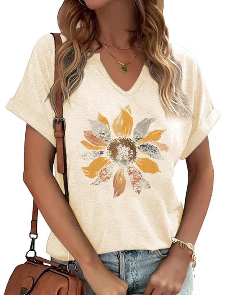 Womens Flowers V Neck Shirt Vintage Boho Floral Wildflowers Graphic Tees Casual Cottagecore Short Sleeve T Shirts(Asand,M)