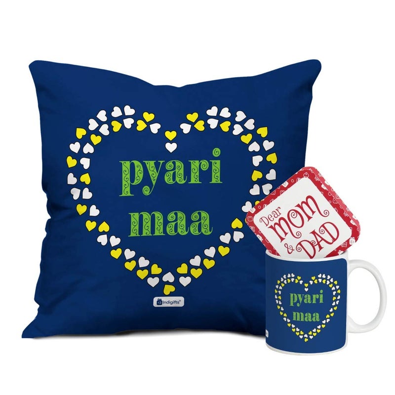 Indigifts Pyari Maa Trending Coffee Mug and Cushion Cover 12x12 with Filler Blue House Warming Gift for Mom Mother on her Birthday Anniversary Mothers Day Special Day Home Decor - Image 1